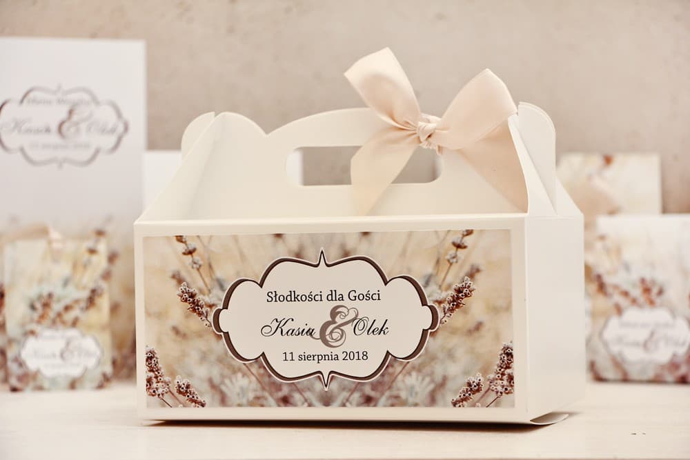 Pudełko na Ciasto Weselne z Rączką Beżowy Motyw Trawy | Podziękowania dla Gości Opakowania na Słodkości | Felicja nr 10