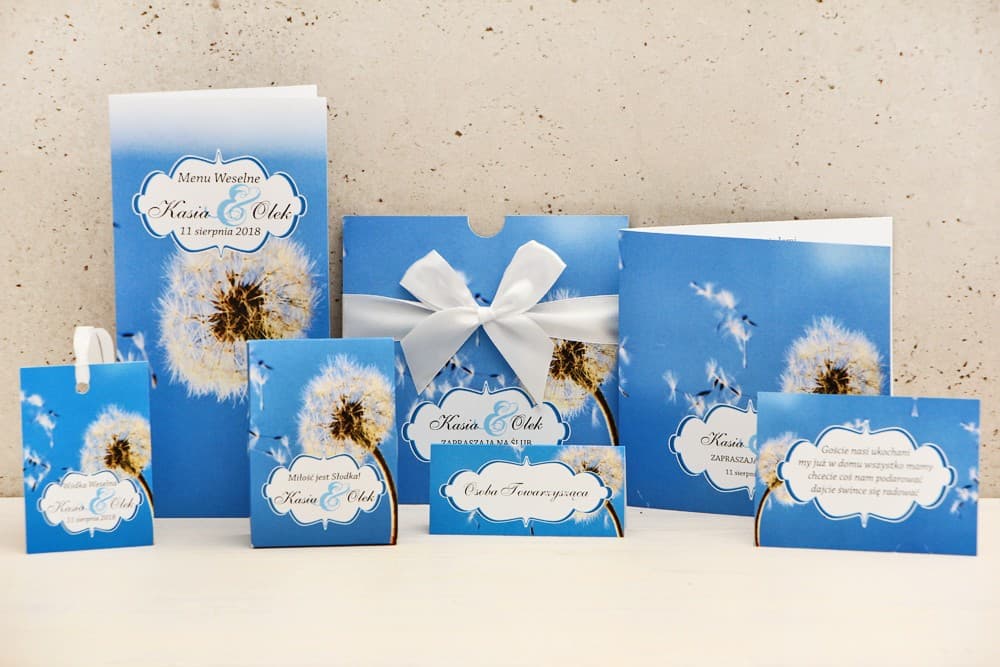 Zaproszenia ślubne w etui ze zdjęciem dmuchawców i błękitnym niebem – Felicja nr 11