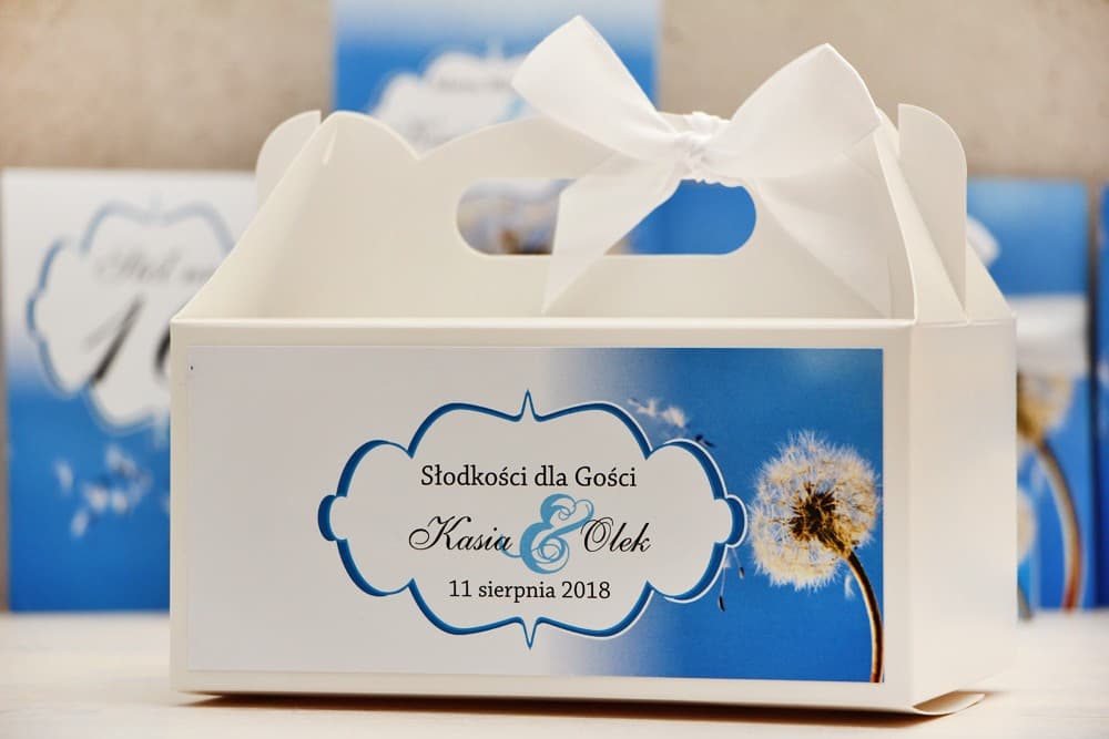 Pudełko na Ciasto Weselne z Rączką Prostokątne, Motyw Dmuchawca | Personalizowane Podziękowania dla Gości | Felicja nr 11