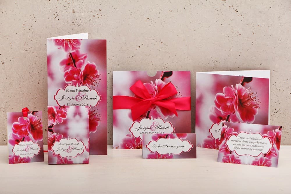 Zaproszenia ślubne w etui z motywem różowych kwiatów wiśni – Felicja nr 12