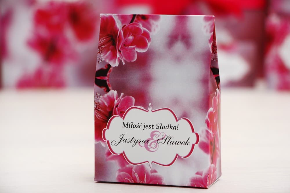 Różowe Pudełeczka z Karmelkami, Motyw Kwiat Wiśni | Podziękowania dla Gości Weselnych | Felicja nr 12