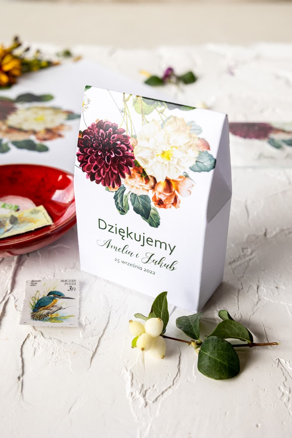 Pudełeczka na słodycze z daliami i różami | Podziękowania dla gości weselnych w stylu jesiennym | Korani nr 13