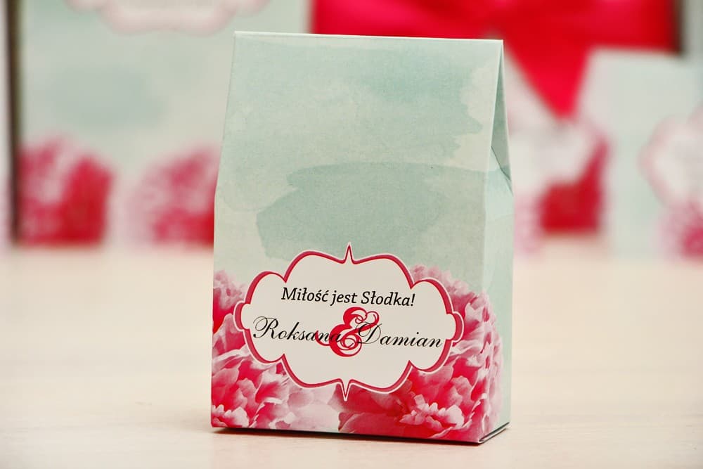 Pudełeczka z cukierkami w kwiaty amarant i mięta | Personalizowane podziękowania dla gości weselnych | Felicja nr 15