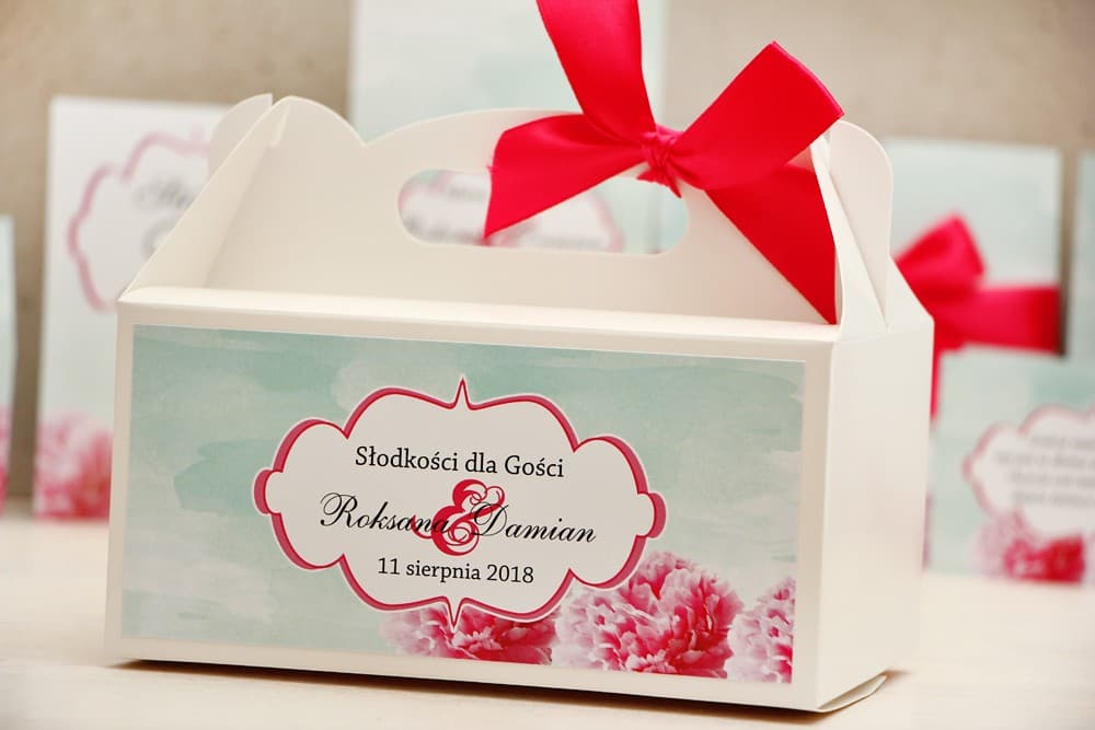 Pudełko na Ciasto Weselne z Rączką Miętowe w Amarantowe Kwiaty | Personalizowane Opakowania dla Gości | Felicja nr 15