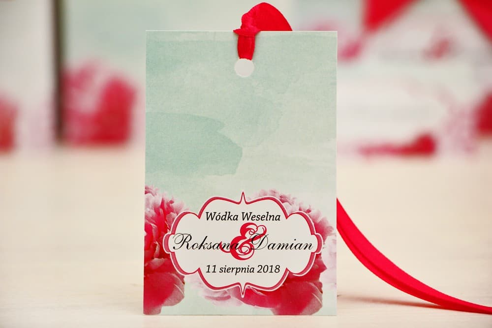 Miętowe Zawieszki na Alkohol z Amarantowymi Kwiatami | Personalizowane Zawieszki na Wódkę Weselną | Felicja nr 15