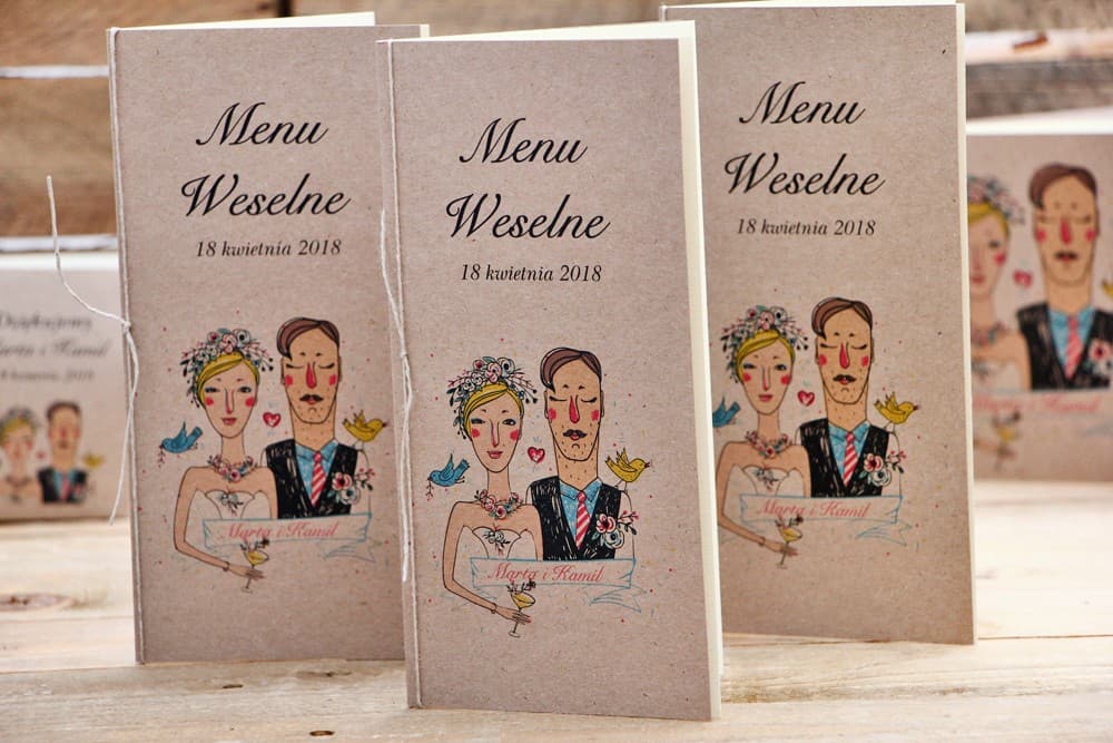 Menu Weselne z Rysunkiem Pary Młodej, Personalizowana Karta Dań Eko | Zabawne i Oryginalne Menu na Wesele | Presto nr 1