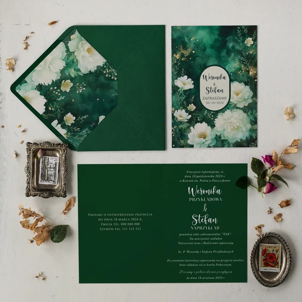 Próbka zaproszeń białe kwiaty i zieleń – Impresja Nr 14