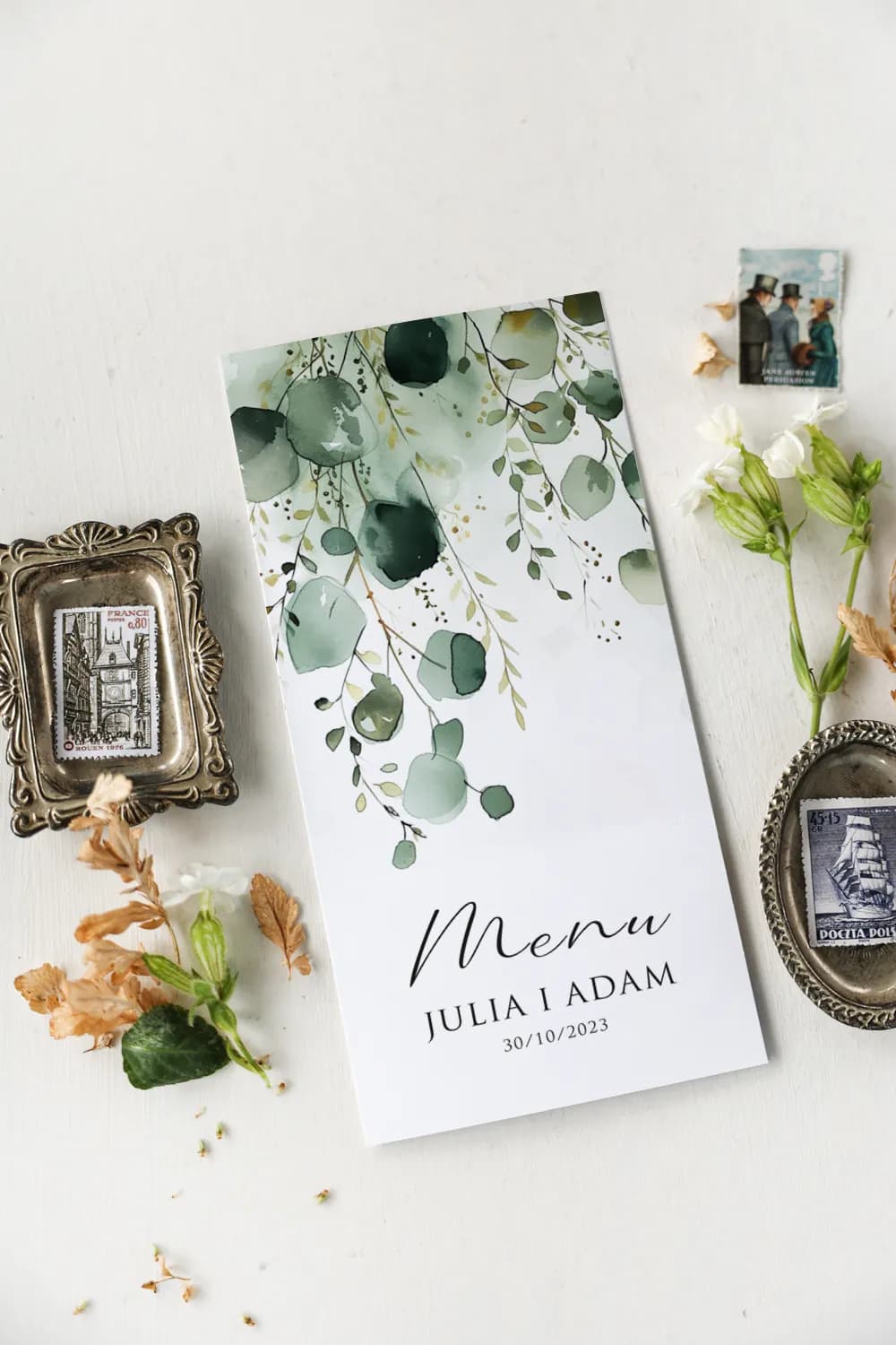 Menu Weselne Składane z Eukaliptusem | Eleganckie Menu na Stół Weselny, Botaniczne | Impresja nr 7