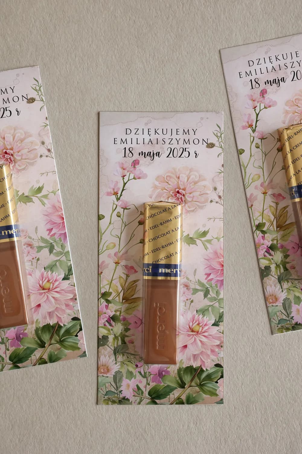 Podziękowania Merci z grafiką w pastelowe róże i liście | Podziękowania dla gości weselnych | Impresja nr 13