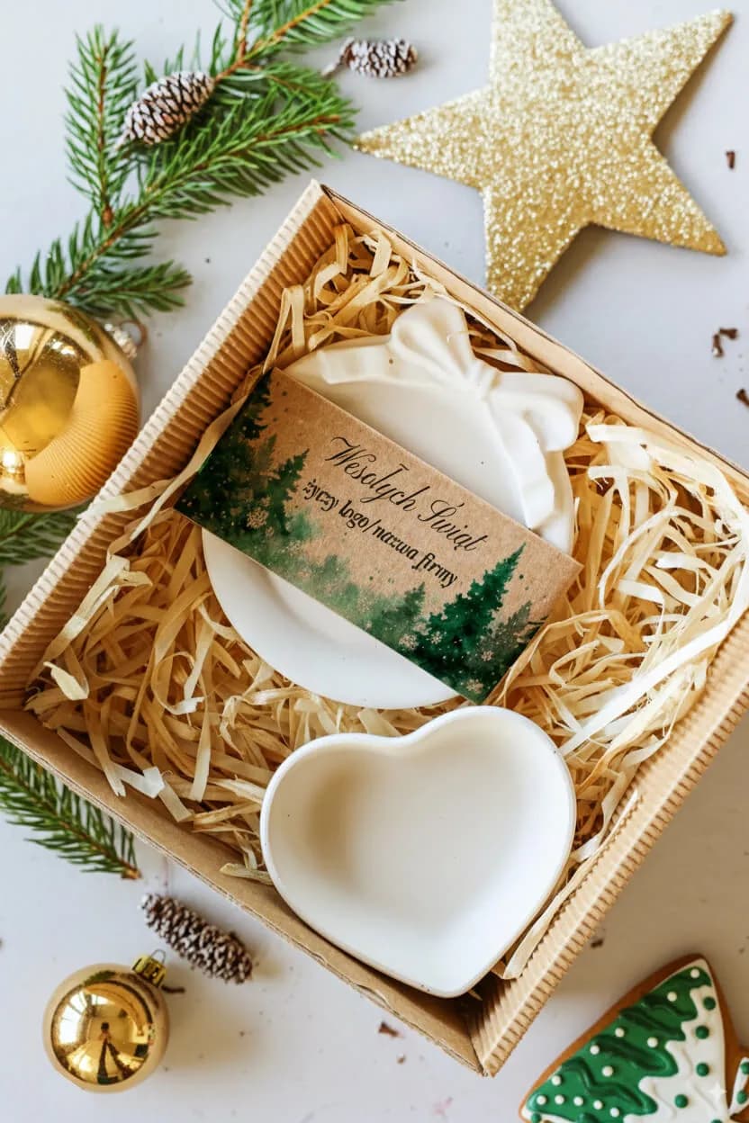 Elegancki zestaw prezentowy z gipsu polimerowego, leśna grafika | Prezenty firmowe na święta z Twoim logo | Box nr 20