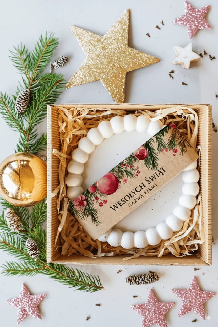 Biznesowy box świąteczny z ręcznie robioną podstawką, personalizowana owijka | Prezenty firmowe na Święta | Box nr 26