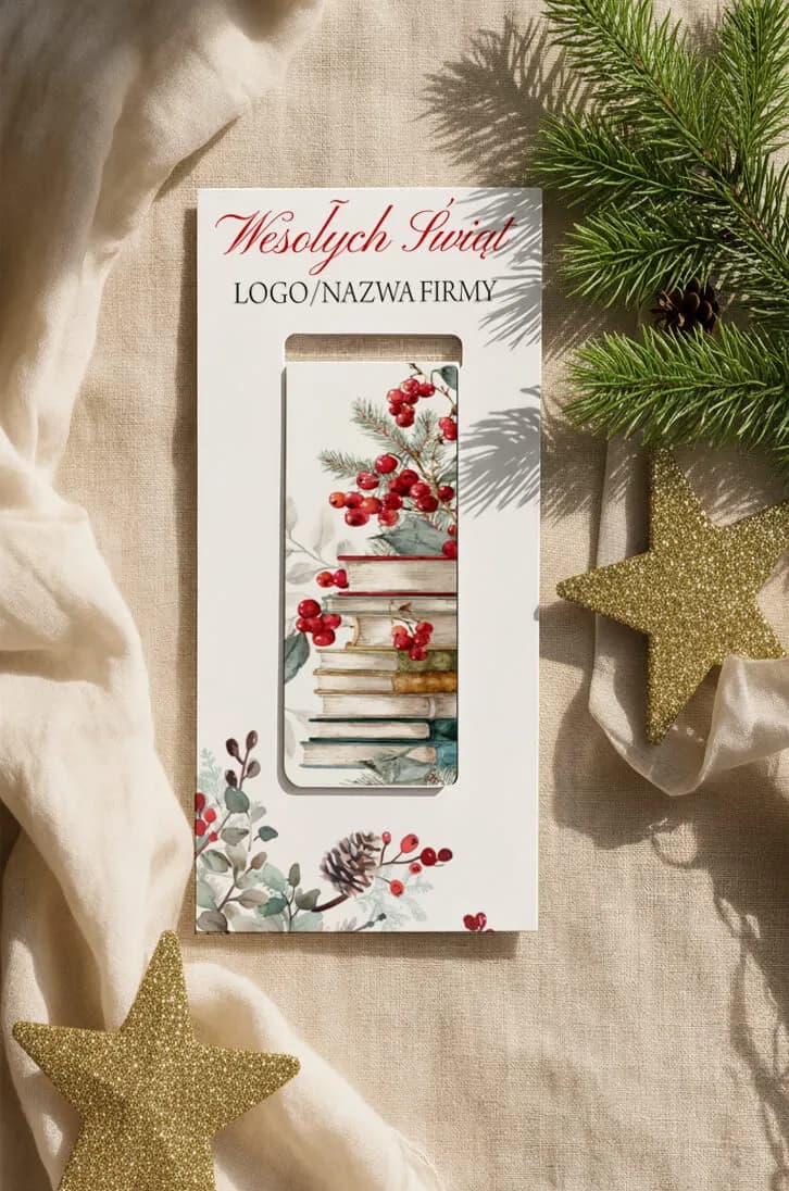 Zakładka magnetyczna dla firm z logo, świąteczna grafika w książki | Prezent dla klientów na Święta | ZKS9