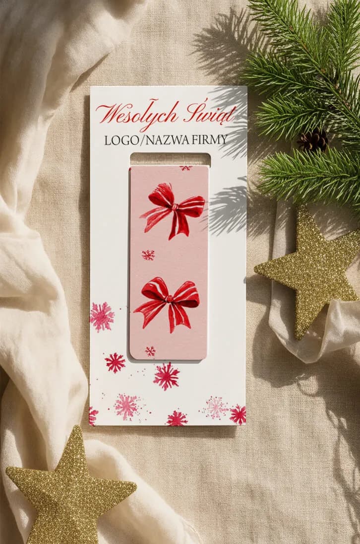 Zakładka Magnetyczna z Logo Firmy, Różowa Grafika w Świąteczne Kokardy | Upominki dla Klientów | ZKS12