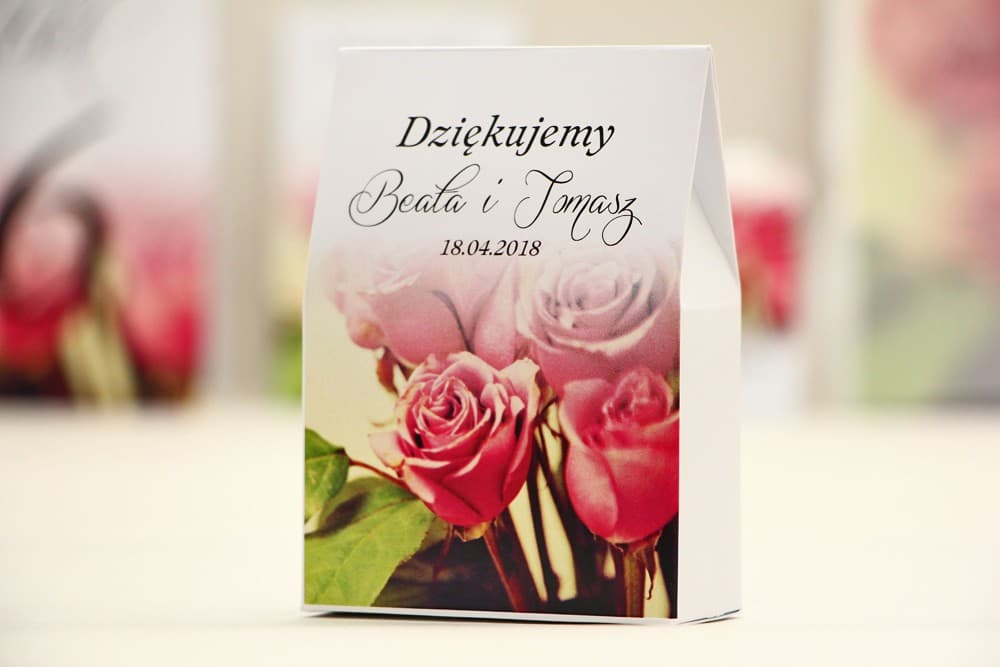 Pudełeczko Domek z Różami i Karmelkami | Podziękowania dla Gości Weselnych, Słodkie Upominki | Elegant nr 1