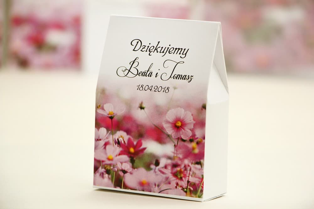 Pudełeczka z motywem fioletowych kwiatów i słodyczami | Podziękowania dla Gości Weselnych | Elegant nr 5