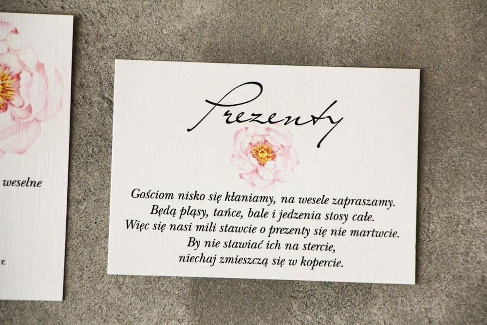 Elegancka wkładka do zaproszeń z piwonią, bilecik "zamiast kwiatów" | Bileciki do zaproszeń ślubnych | Pistacjowe nr 4