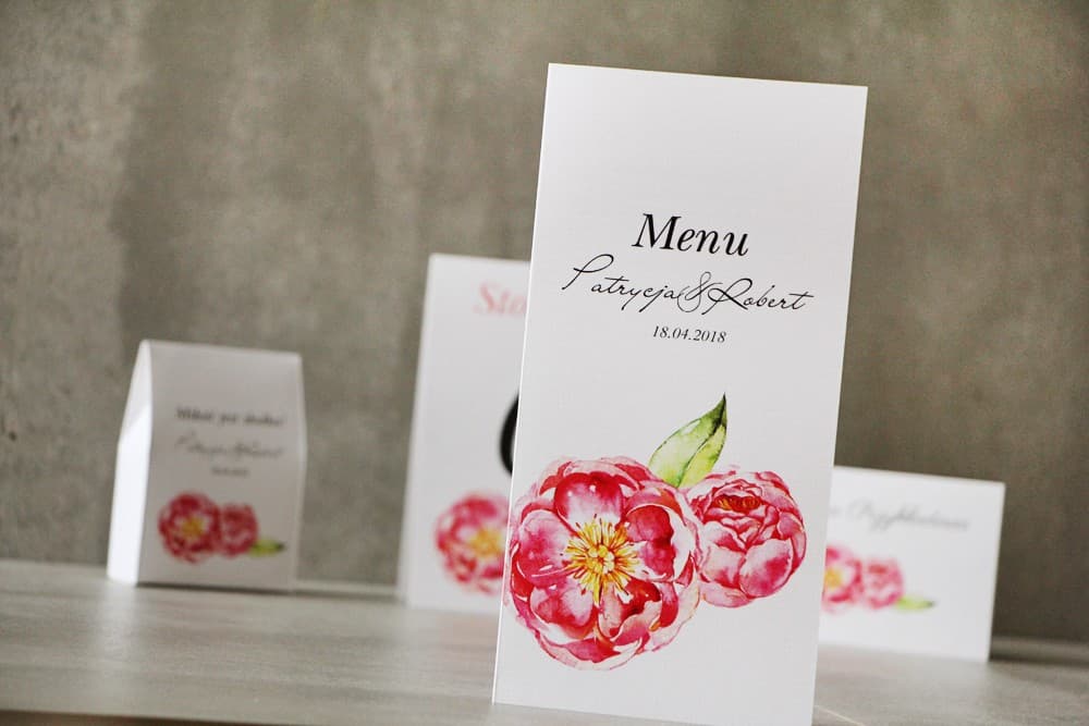 Menu Weselne Składane z Piwoniami, Amarantowe Kwiaty na Stół | Eleganckie Karty Menu na Wesele | Pistacjowe nr 6