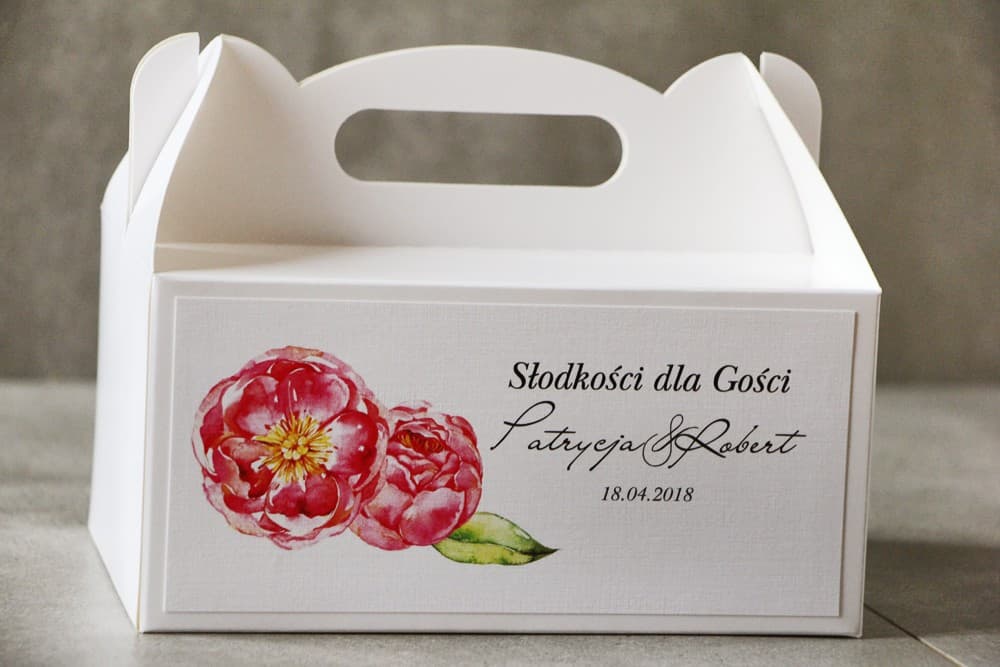 Eleganckie Pudełka na Ciasto Weselne z Rączką i Motywem Piwonii | Personalizowane Opakowania dla Gości | Pistacjowe nr 6