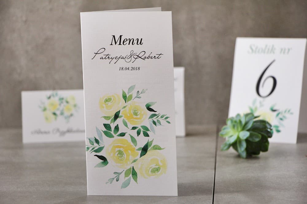 Eleganckie Menu Weselne Żółte Róże Akwarela | Personalizowana Karta Menu na Stół Weselny | Pistacjowe nr 9