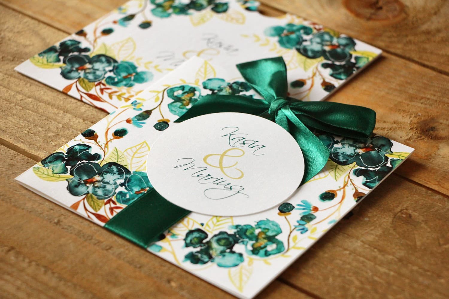 Zaproszenia ślubne szmaragdowe w etui z akwarelowymi kwiatami – Malowane Kwiaty nr 21