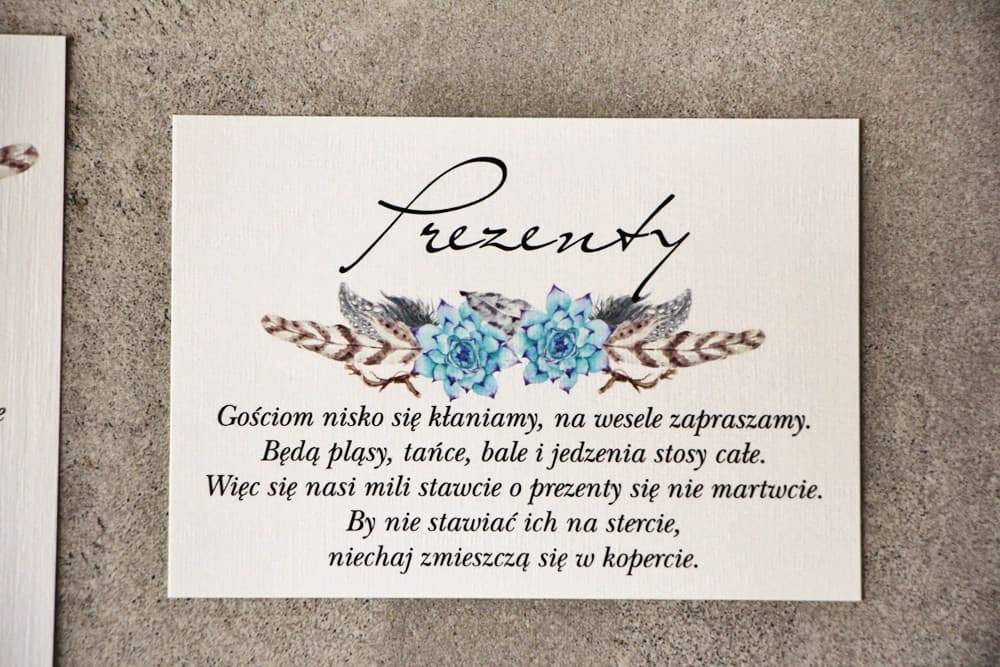 Bilecik do Zaproszenia Boho z Piórami, Wkładka z Prośbą o Pieniądze, RSVP | Dodatkowa Karteczka Ślubna | Pistacjowe nr 21